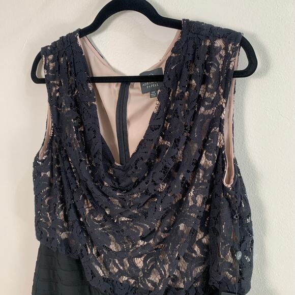 Adrianna Papell Plus Size 14W Drape Neck Banded Dress Black Lace Bodice Cocktail - Picture 4 of 12